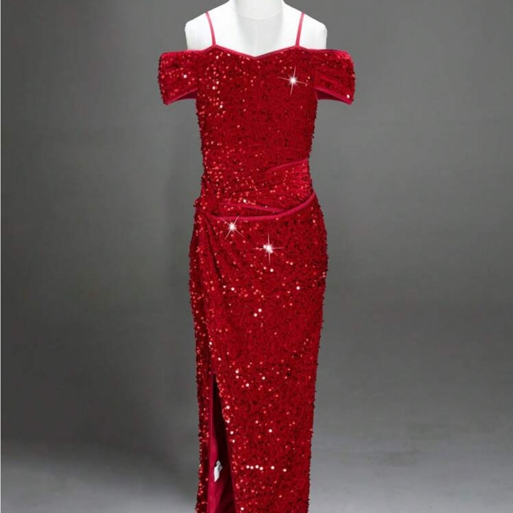 Girls Elegant Red Sequin Off-Shoulder Slit Evening Dress